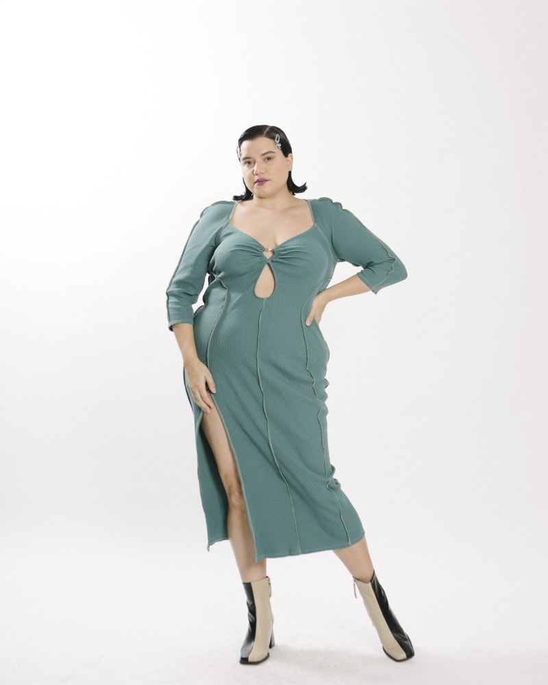 Front of a model wearing a size 3X KEYHOLE HEART MAXI DRESS in SUCCULENT by Lovefool. | dia_product_style_image_id:260613